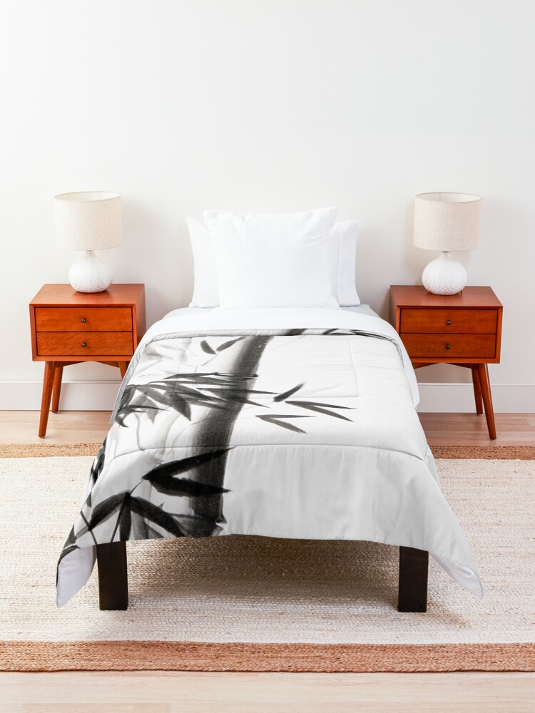 Alternate view of Three bamboo stalks with leaves artistic Japanese Zen Sumi-e painting on white art print Comforter