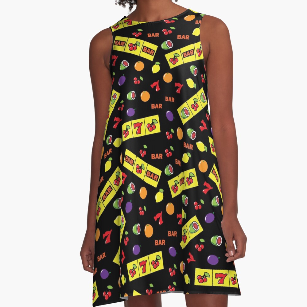 Casino Lucky Slot Machine Cherry Melon Lemon Fruits Pattern A-Line Dress