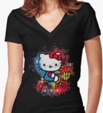 Camiseta entallada de cuello en V Hello Kitty inspiró diseño con arte de acuarela