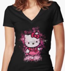 Camiseta entallada de cuello en V Hello Kitty inspiró diseño con arte de acuarela