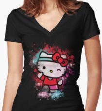 Camiseta entallada de cuello en V Hello Kitty inspiró diseño con arte de acuarela