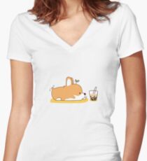 Corgi und Bubble Tea Tailliertes T-Shirt mit V-Ausschnitt