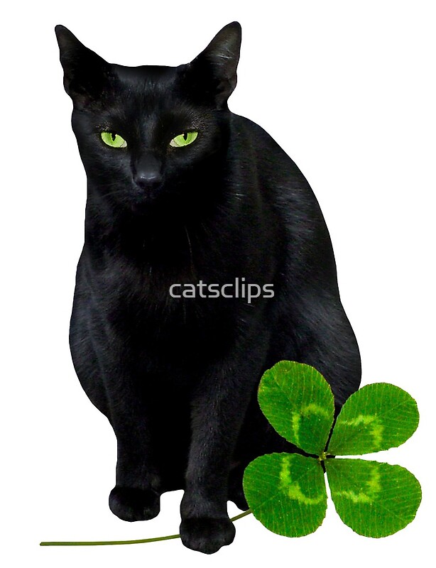 "Black Cat with Four Leaf Clover" by catsclips Redbubble