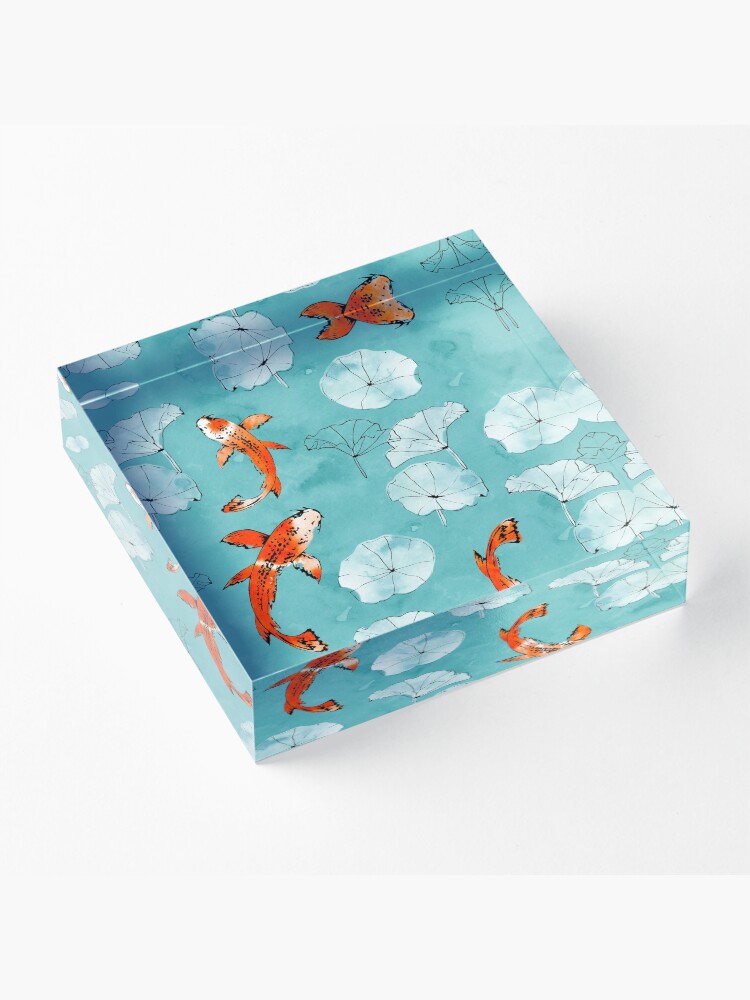 Alternate view of Waterlily koi in turquoise Acrylic Block