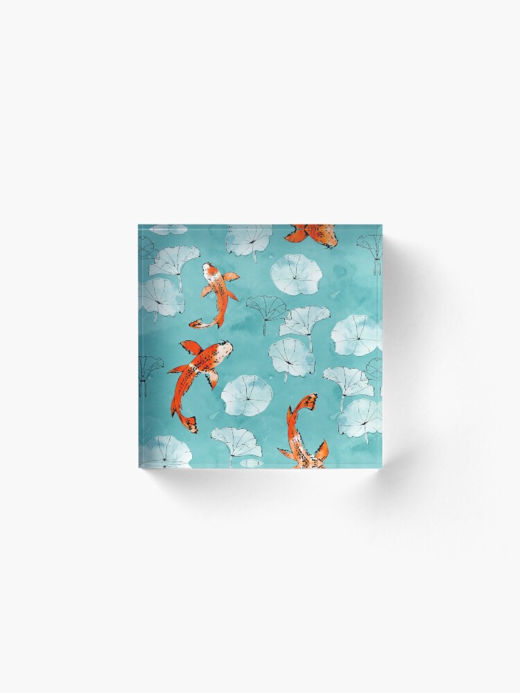 Alternate view of Waterlily koi in turquoise Acrylic Block