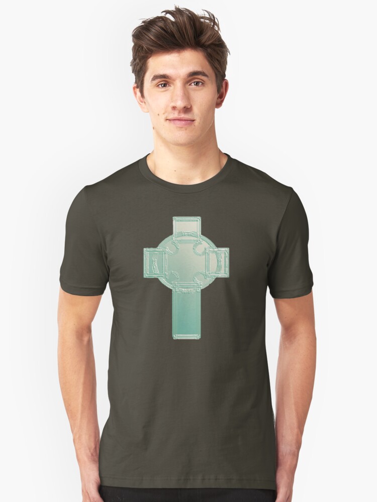 Alternate view of Celtic Cross Aqua/Ecru Bas Relief T-Shirt Slim Fit T-Shirt