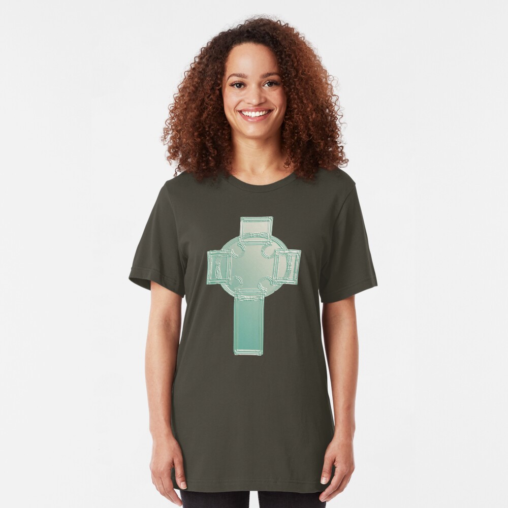 Celtic Cross Aqua/Ecru Bas Relief T-Shirt Slim Fit T-Shirt