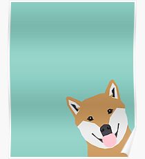 Shiba Inu Peek - cute shiba doge peeking funny dog art print mint turquoise customizable dog gift Poster