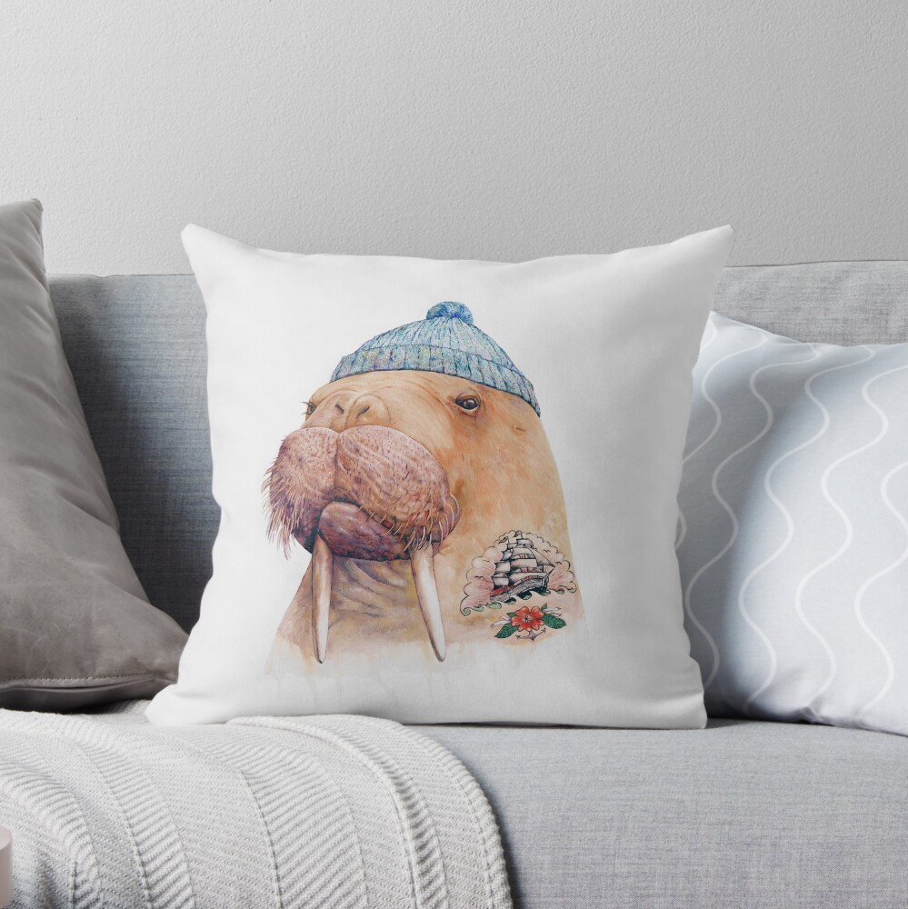 Tattooed Walrus Throw Pillow