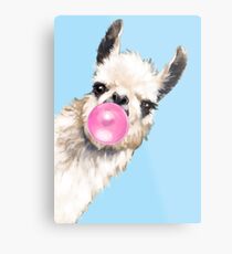 Bubble Gum Sneaky Llama in Blue Metal Print