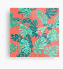 Monstera laisse sur le corail vivant. Impression métallique