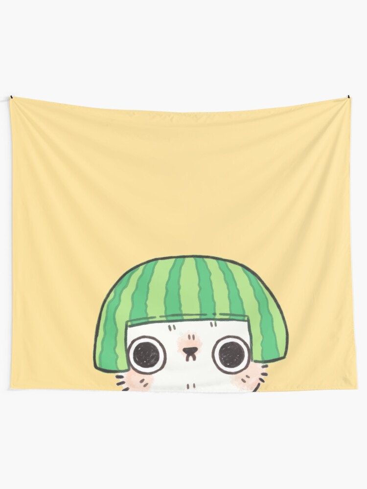 Alternate view of Shy Watermelon Cat - White Version Wall Tapestry