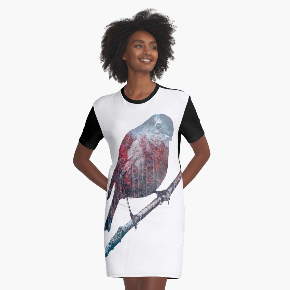 Forest Robin on a Branch Graphic T-Shirt Dress