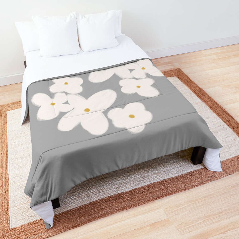 Painted Blooms in Pale Blush Pink on Solid Grey. Cheerful. Floral. Minimalist. Comforter