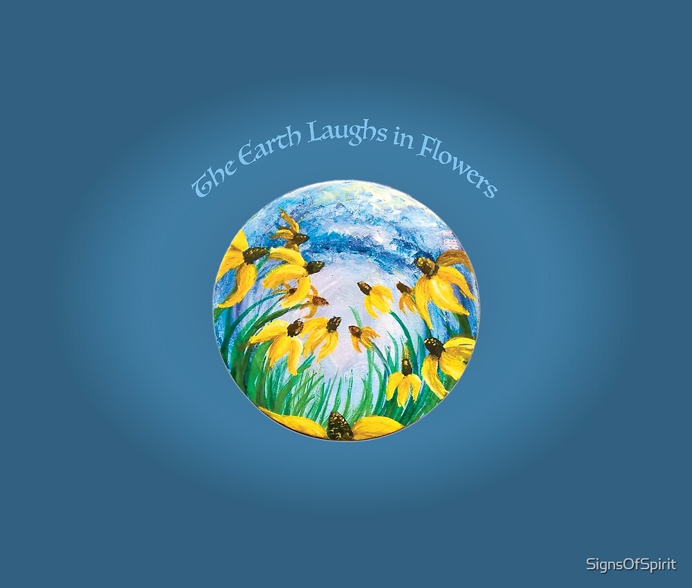 "Golden Coneflowers in a Meadow, Blue Background, Dark Sky, Emerson Quote" by SignsOfSpirit