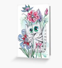 Funny Watercolor Cat with Flowers Greeting Card