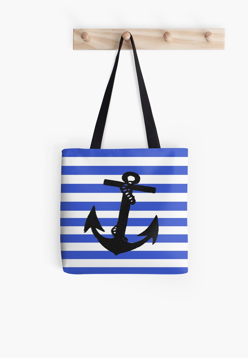 "Black Anchor on Blue Stripes " Tote Bag by ckeenart Redbubble