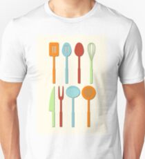 Kitchen Utensil Colored Silhouettes on Cream Unisex T-Shirt