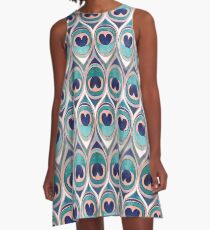 Peacock Feathers Eye // teal blue and metal coral rose A-Line Dress