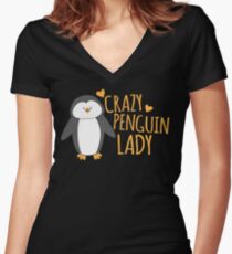 Crazy Penguin Lady Women's Fitted V-Neck T-Shirt