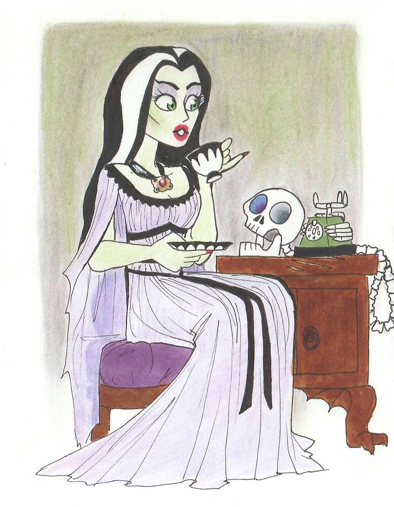 "Lily Munster Drinking Cartoon Art" by dangleberry Redbubble