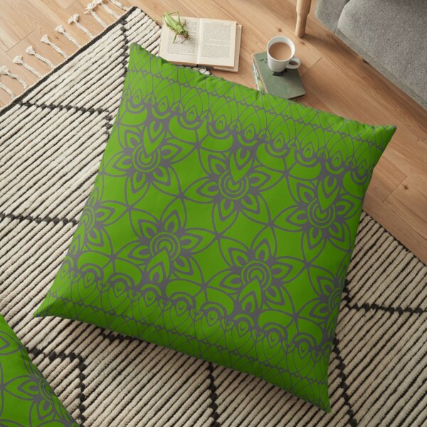 Floral Lace, Gray on Green Floor Pillow