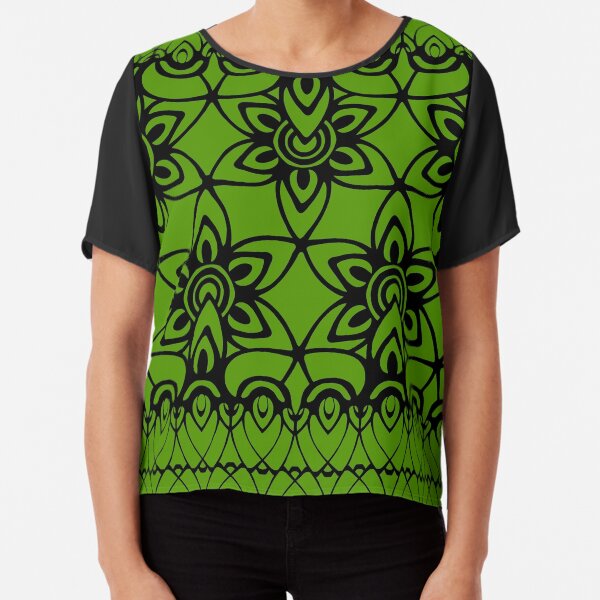 Floral Lace, Black on Green Chiffon Top