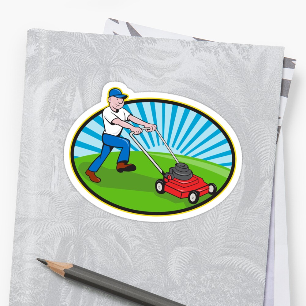 "Lawn Mower Man Gardener Cartoon " Sticker by patrimonio | Redbubble