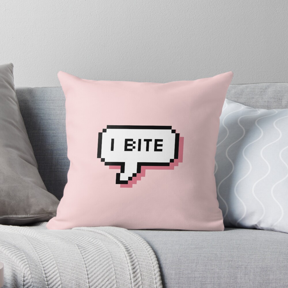 I Bite - Pixel Speech Bubble (Pink) Throw Pillow