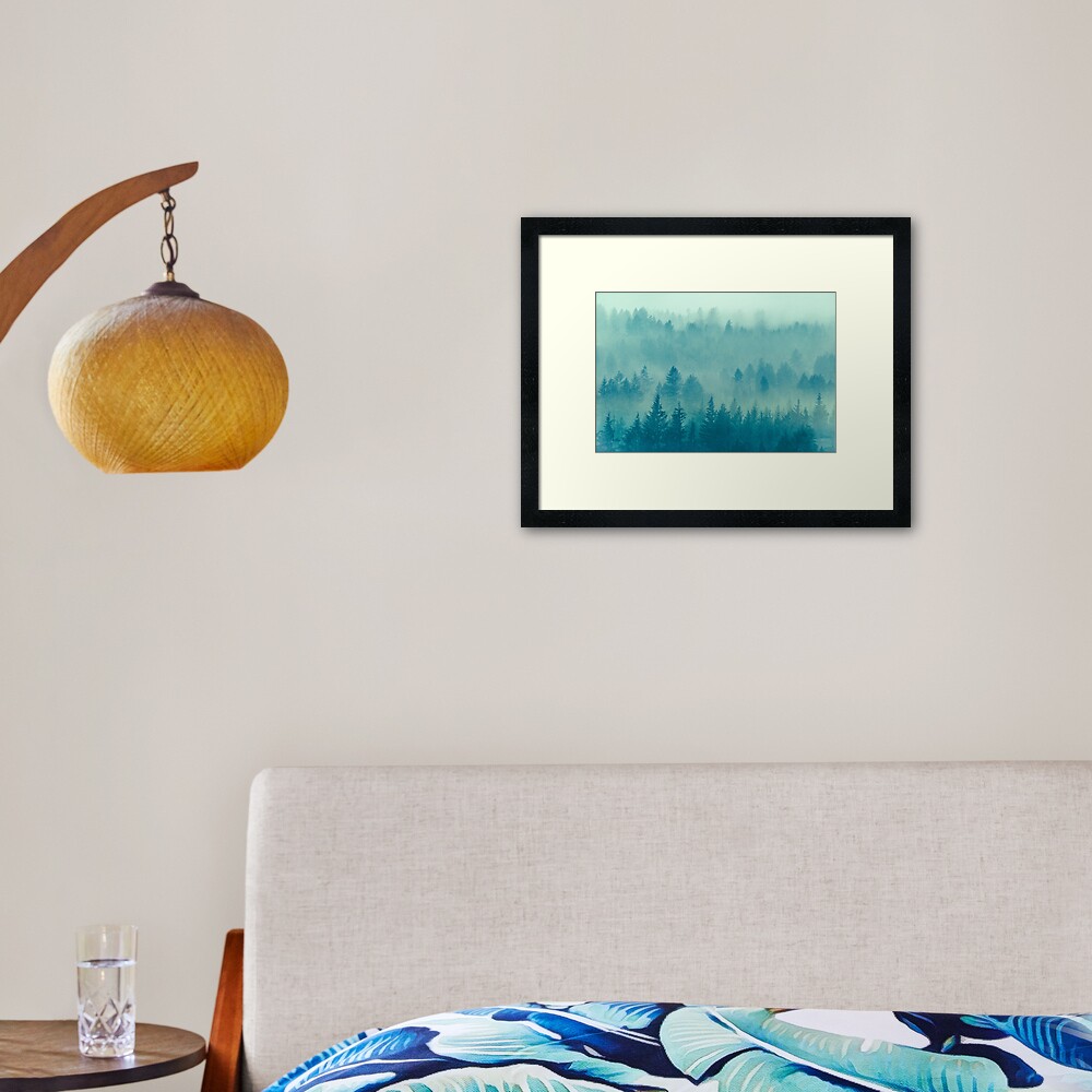 Fog Forest - Blue Green Washington State Woods Foggy Trees Framed Art Print