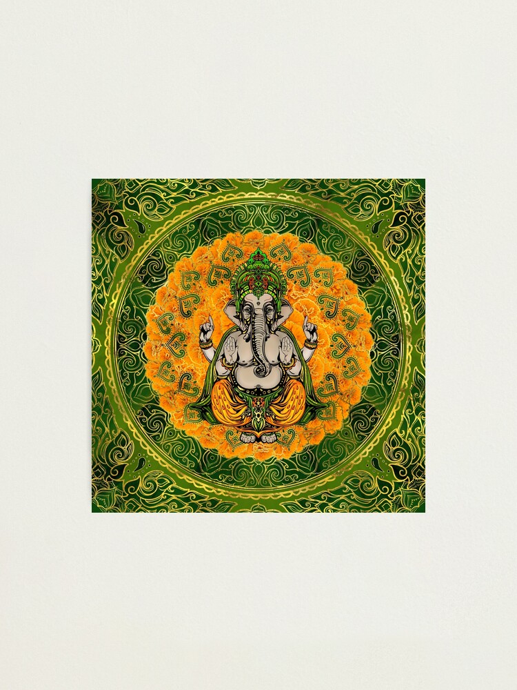 Ganesha In Marigold Flowers And Gold Decoration Photographic