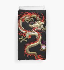 Golden Chinese Dragon Fucanglong on Black Duvet Cover