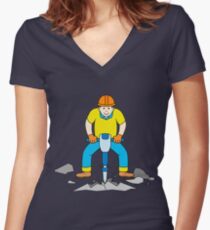 Construction worker with jackhammer Women's Fitted V-Neck T-Shirt