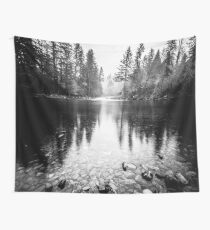 Forest Reflection Lake - Black and White Nature Water Reflection Wall Tapestry