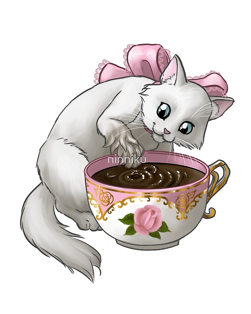 "Kitten Tea Party, Splashing White Kitten in Rose Tea Cup" by ninniku