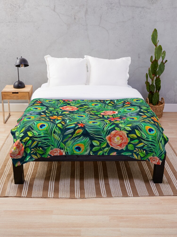 Peacock Feather Posies On Dark Throw Blanket By Micklyn Redbubble