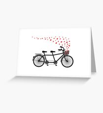 Tandemfahrrad und fliegende rote Herzen für den Valentinstag, Hochzeitseinladung Grußkarte