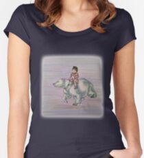 Cartoon Girl Child Riding Polar Bear Drawing Women's Fitted Scoop T-Shirt