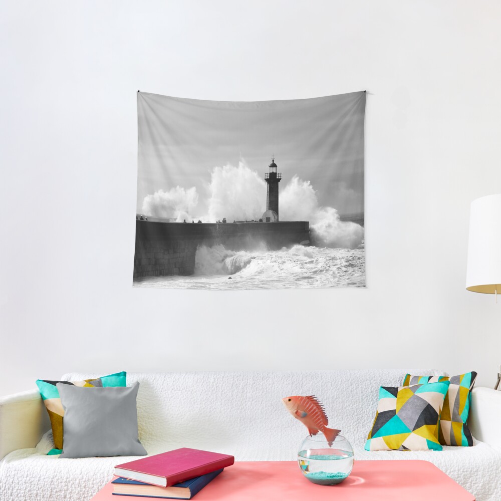 Lighthouse in stormy ocean Tapestry
