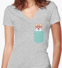 Teagan Glasses Corgi cute puppy welsh corgi gifts for dog lovers and pet owners love corgi puppies Women's Fitted V-Neck T-Shirt