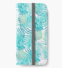 Türkis-Palmblätter und -ananas auf Rosa iPhone Flip-Case/Hülle/Klebefolie
