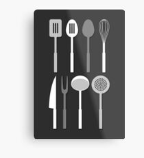 Kitchen Utensil Silhouettes Monochrome Metal Print