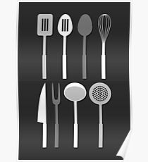 Kitchen Utensil Silhouettes Monochrome Poster