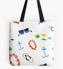 Watercolor sea summer. Flip flop sandals, sunglasses, fish Tote Bag