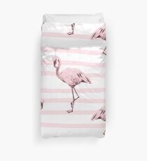 Rose Pink Flamingo Stripes Pattern on White Duvet Cover
