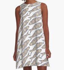 Traditional portuguese sardine and tiles background. Seamless pattern with ornamental fish. Fish pattern in abstract style with colorful tiles. A-Line Dress