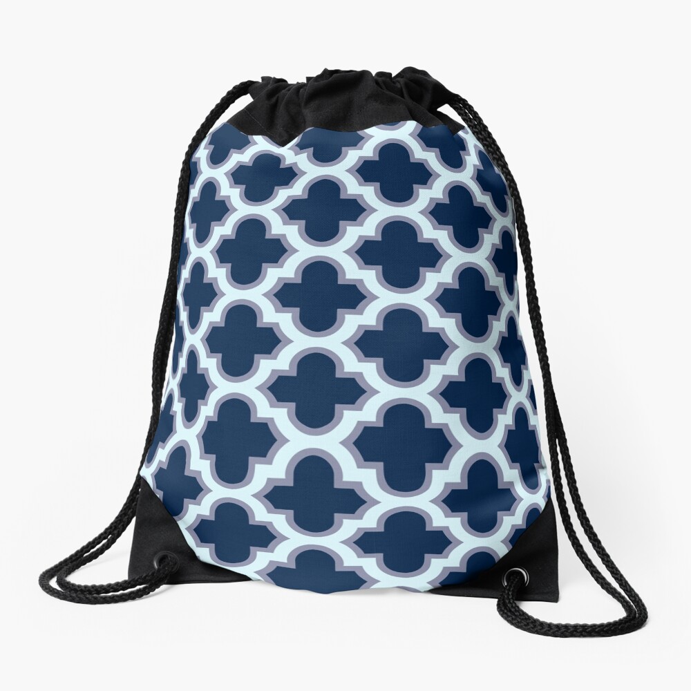 "Navy Blue Moroccan Quatrefoil Pattern" Drawstring Bag by shabzdesigns