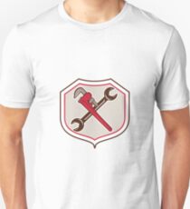 Pipe Wrench Spanner Crossed Shield Cartoon Unisex T-Shirt