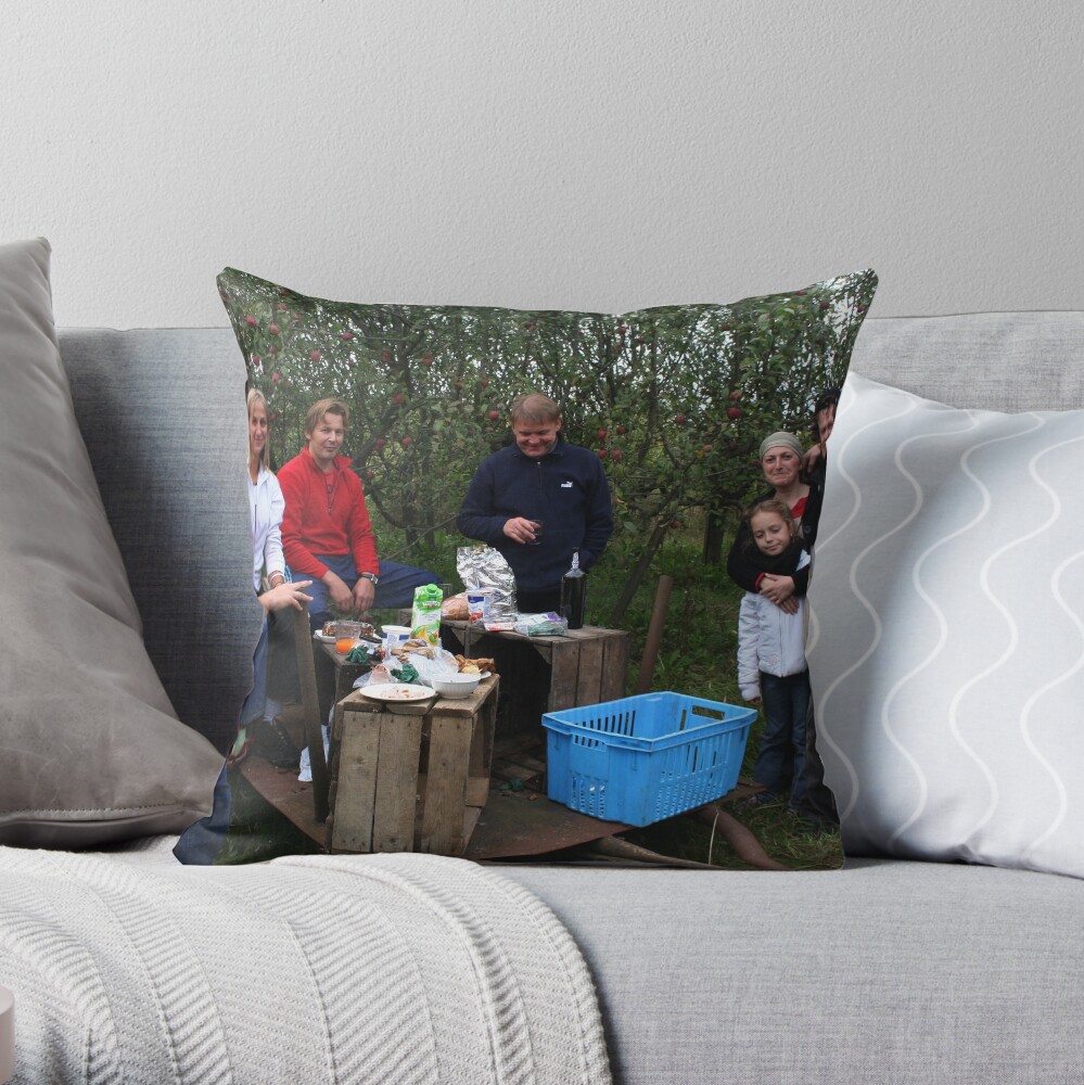 My family after work in my apples plantation Throw Pillow