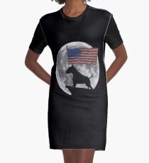 Moon Bull Terrier USA Flag - Funny Bull Terrier Fawn and White Design Graphic T-Shirt Dress